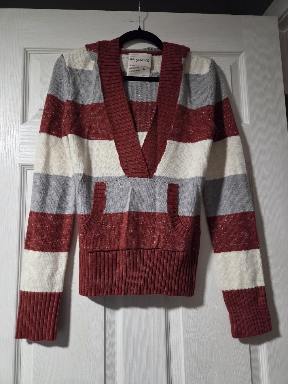 Aeropostale Striped Deep V-Neck Sweater in Red, Gray & Cream